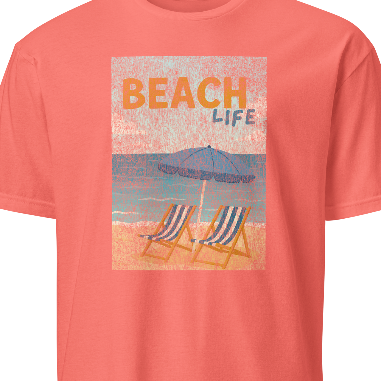 Coral t-shirt with 'Beach Life' graphic featuring lounge chairs and an umbrella 