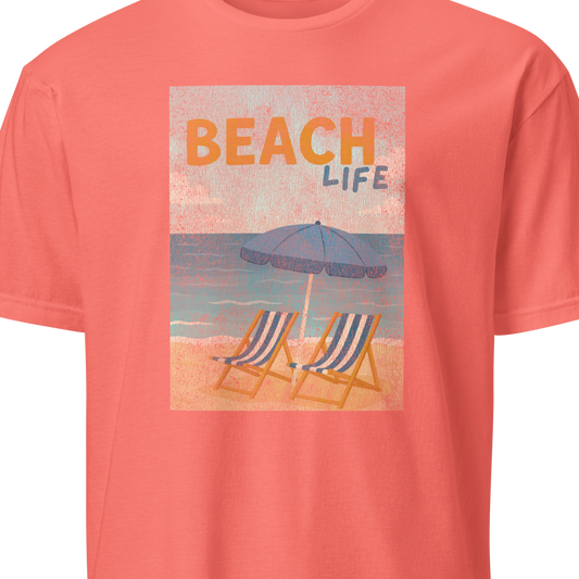 Coral t-shirt with 'Beach Life' graphic featuring lounge chairs and an umbrella 