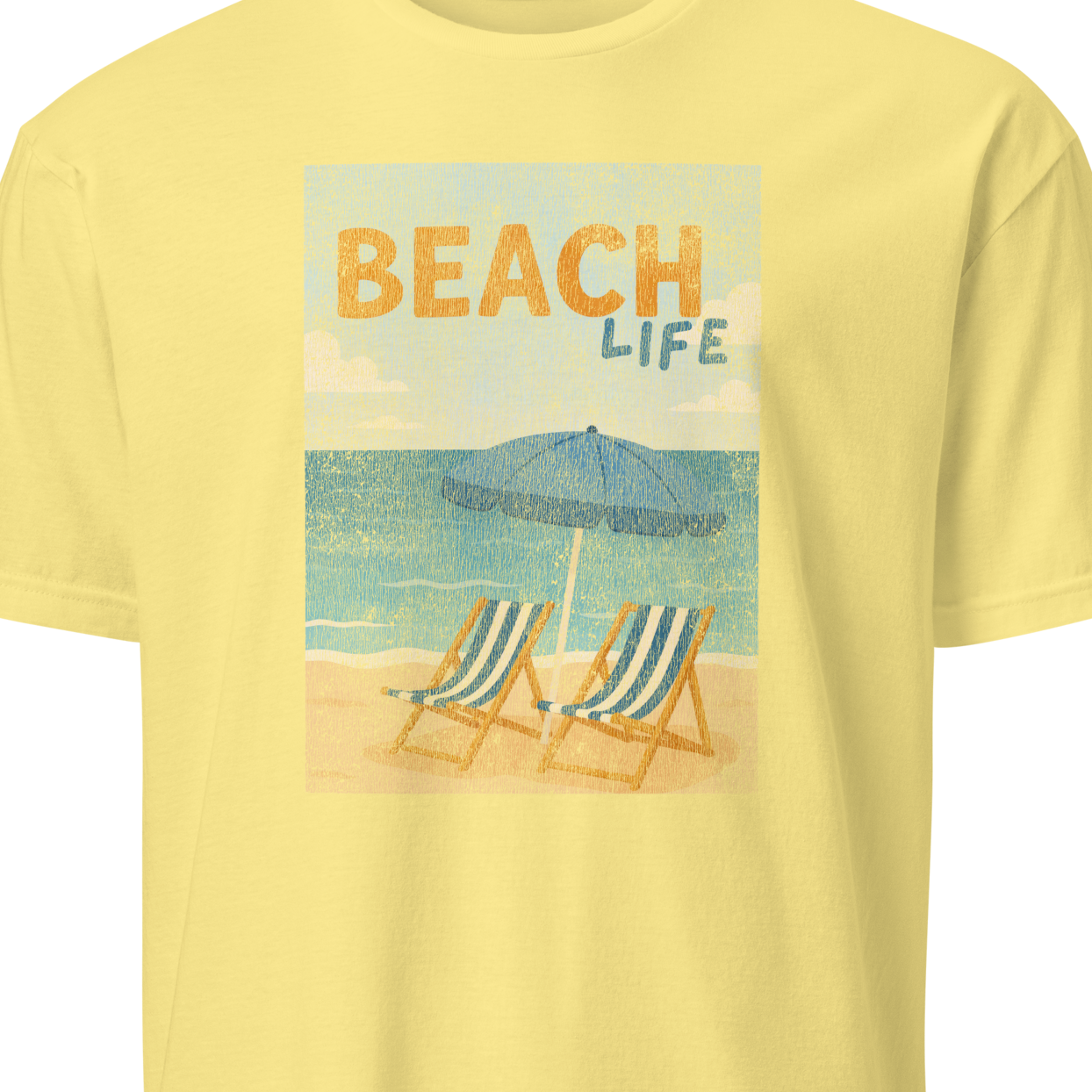 Yellow t-shirt with 'Beach Life' graphic featuring lounge chairs and an umbrella 