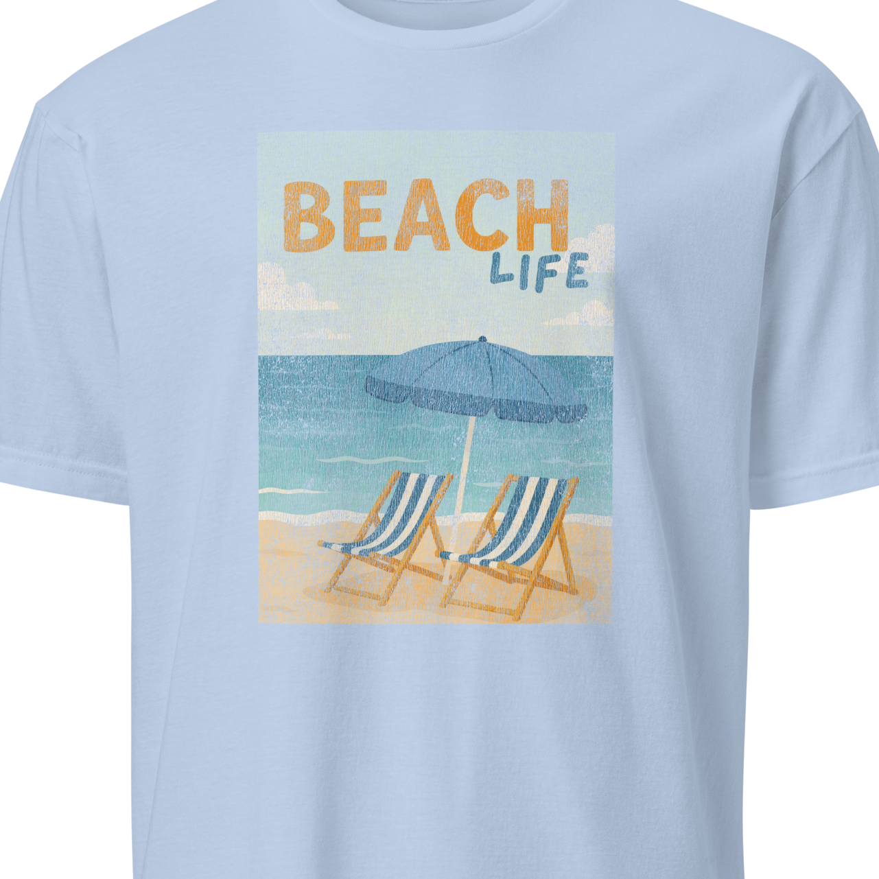 Light blue t-shirt with 'Beach Life' graphic featuring lounge chairs and an umbrella