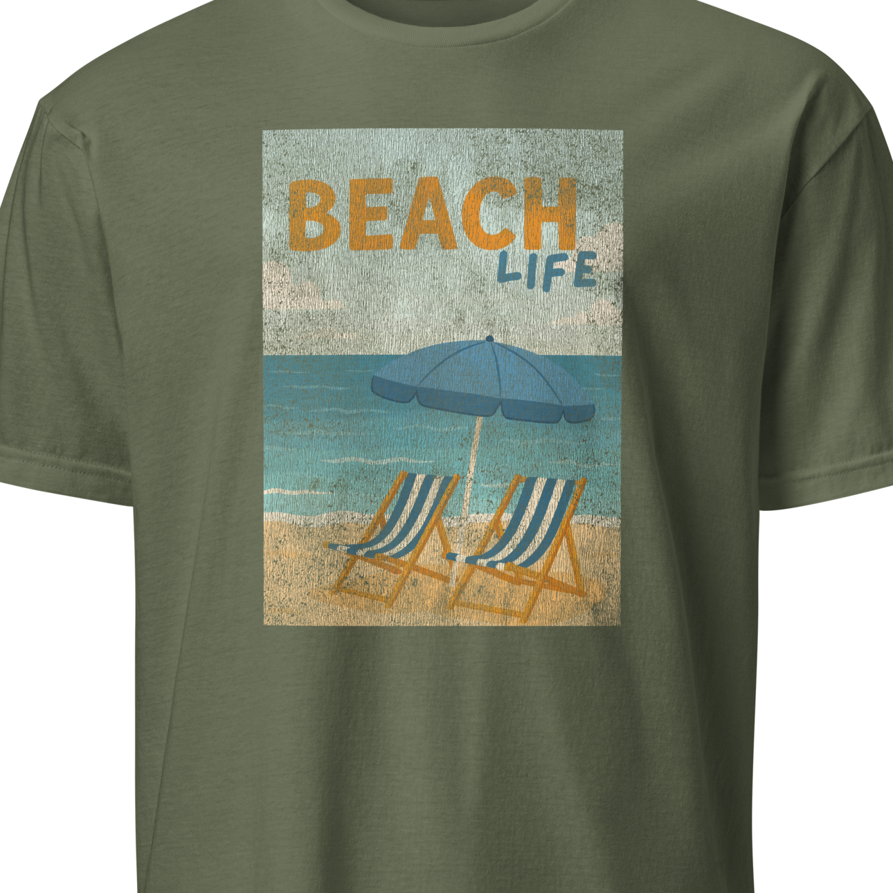 Green t-shirt with 'Beach Life' graphic featuring lounge chairs and an umbrella 