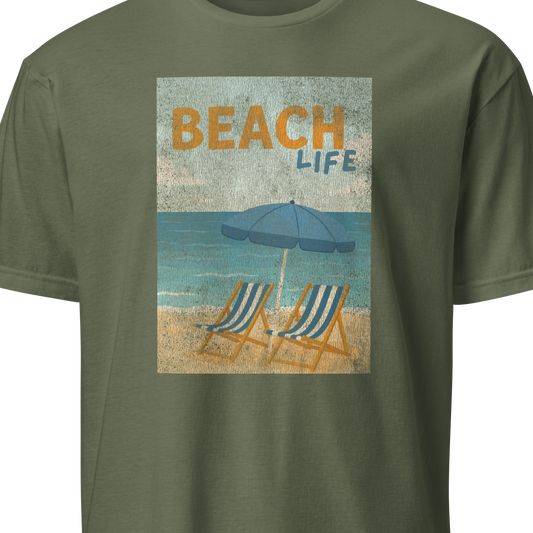 Green t-shirt with 'Beach Life' graphic featuring lounge chairs and an umbrella 