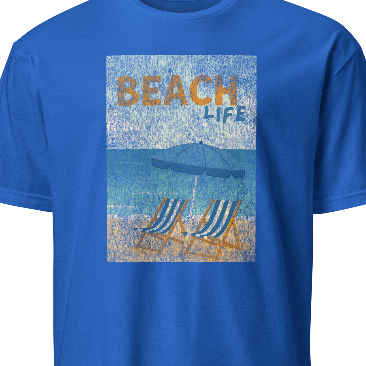 Blue t-shirt with 'Beach Life' graphic featuring lounge chairs and an umbrella 