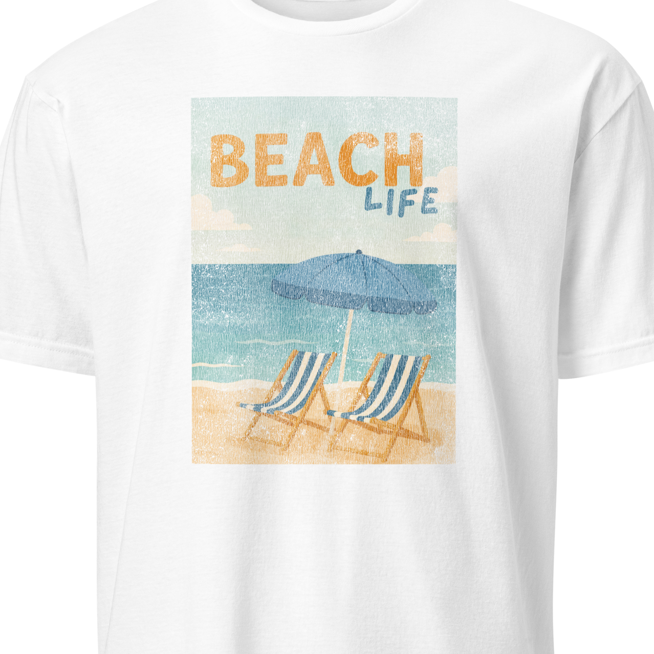 White t-shirt with 'Beach Life' graphic featuring lounge chairs and an umbrella 