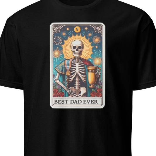 Black t-shirt with a skeleton design and 'Best Dad Ever' text 