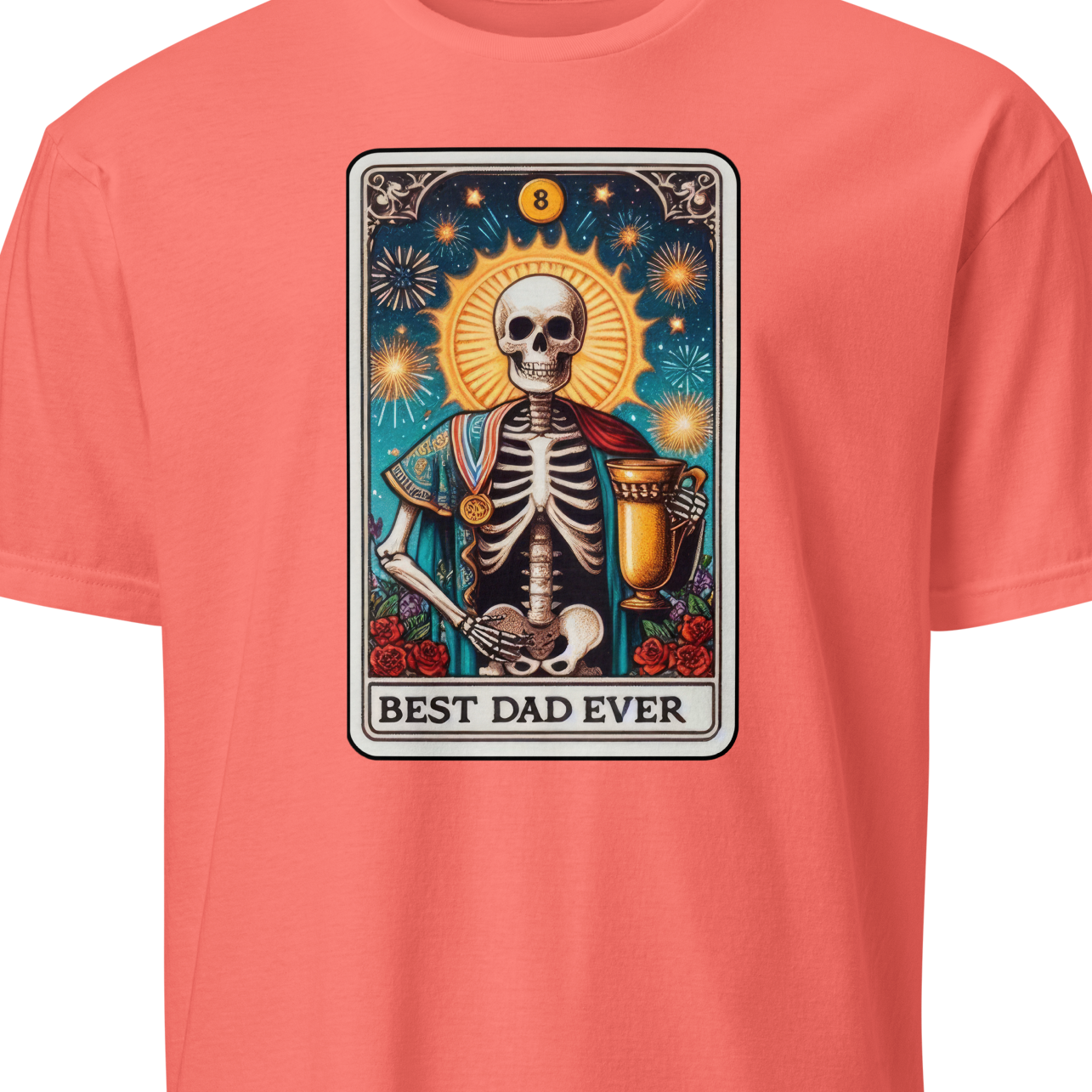 Coral t-shirt with a skeleton design and 'Best Dad Ever' text 