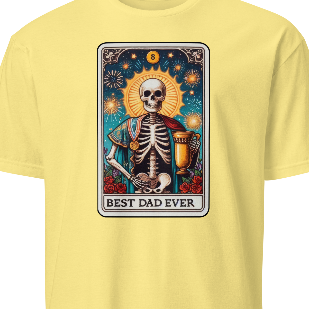 Yellow t-shirt with a skeleton design and 'Best Dad Ever' text 