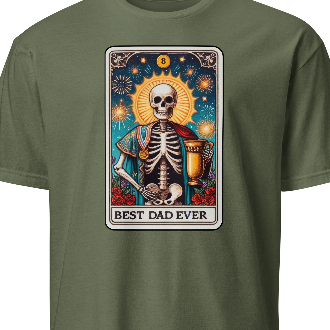 Green t-shirt with a skeleton design and 'Best Dad Ever' text 