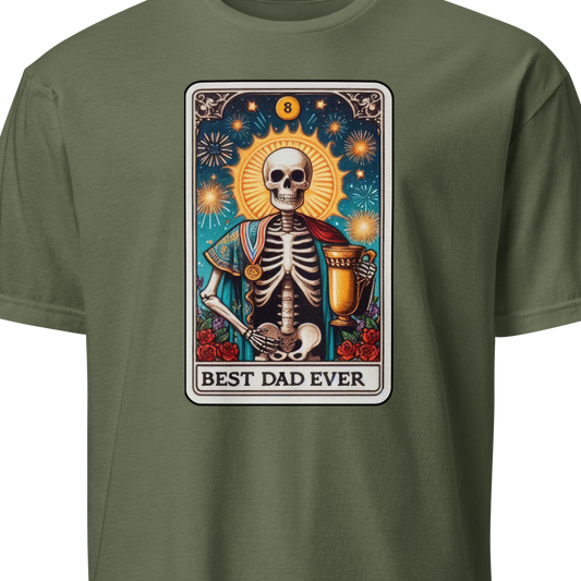 Green t-shirt with a skeleton design and 'Best Dad Ever' text 