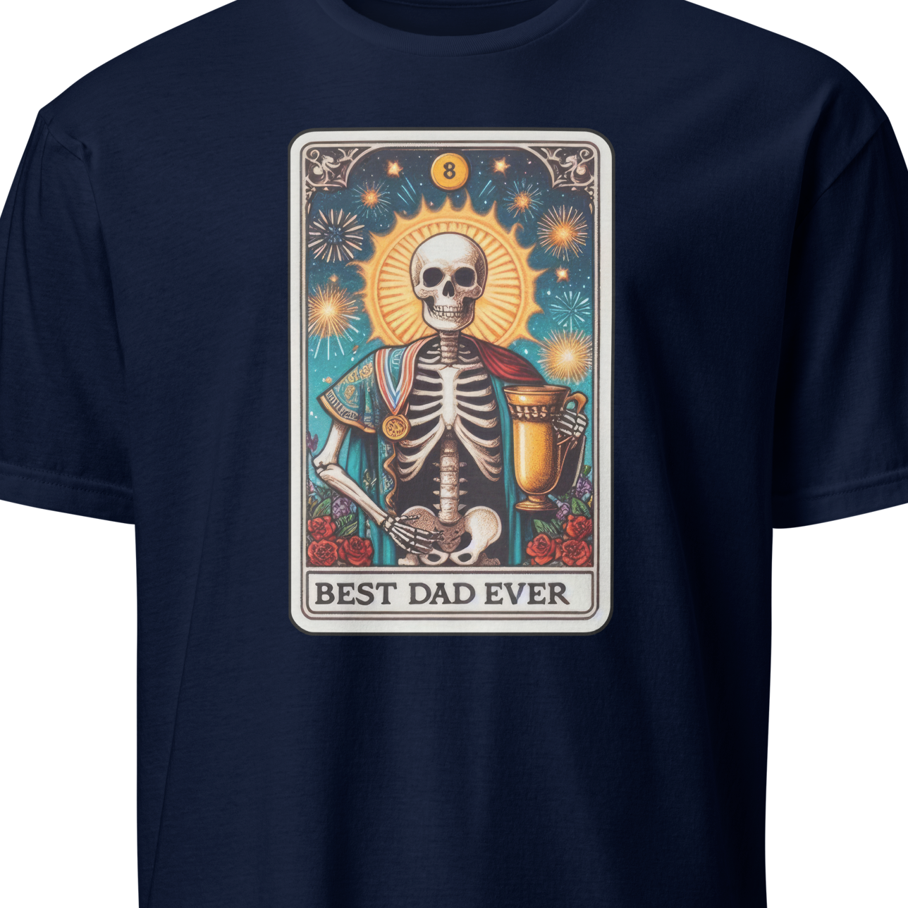Navy blue t-shirt with a skeleton design and 'Best Dad Ever' text 