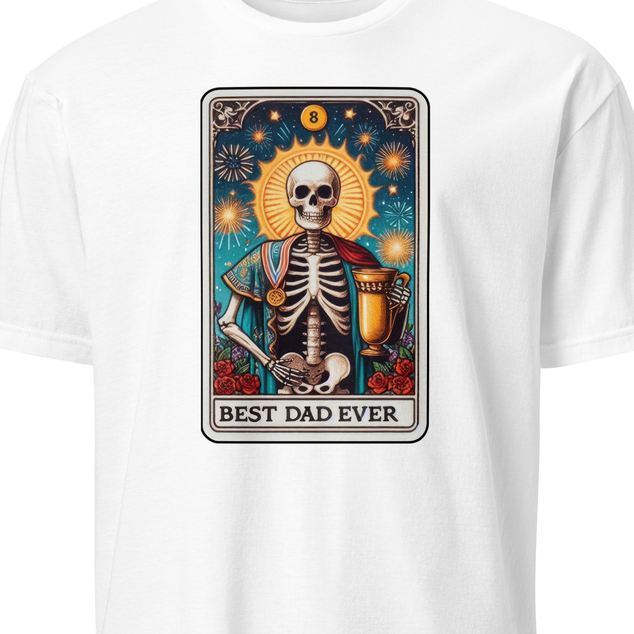 White t-shirt with a skeleton design and 'Best Dad Ever' text 
