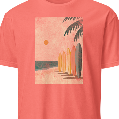 Coral t-shirt with a beach graphic featuring surfboards and palm trees 