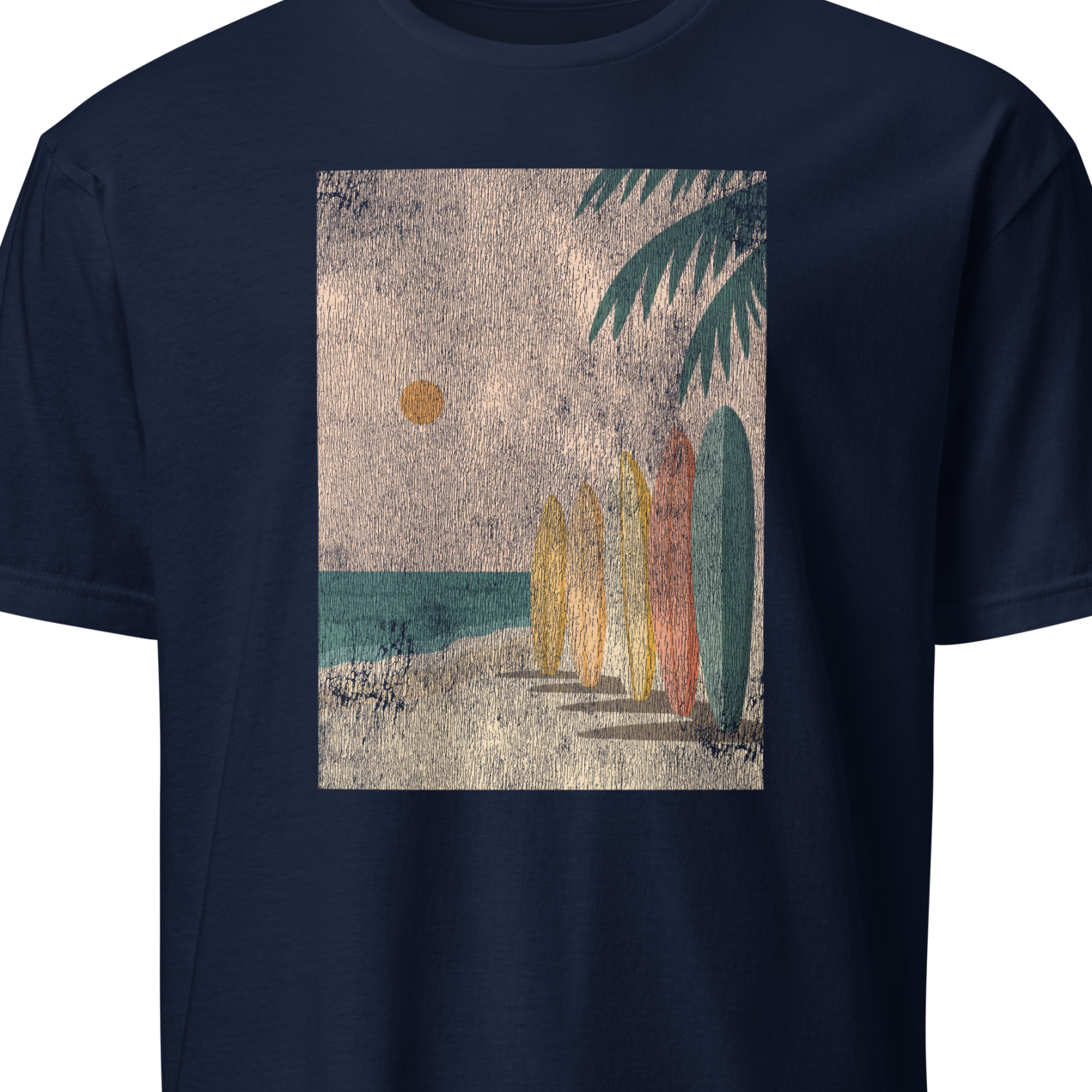 Navy blue t-shirt with a beach scene graphic