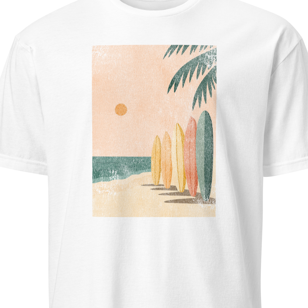 White t-shirt with a beach scene graphic featuring surfboards and palm trees 