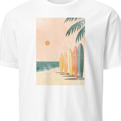 White t-shirt with a beach scene graphic featuring surfboards and palm trees 