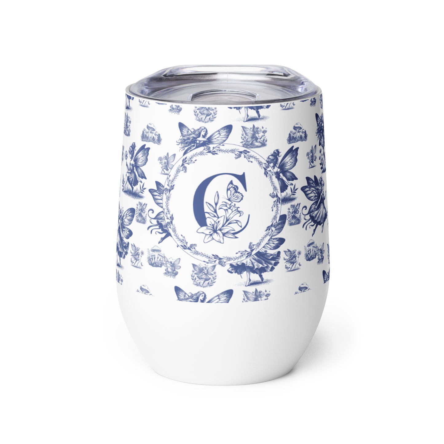 White tumbler with blue floral and butterfly pattern on a white background