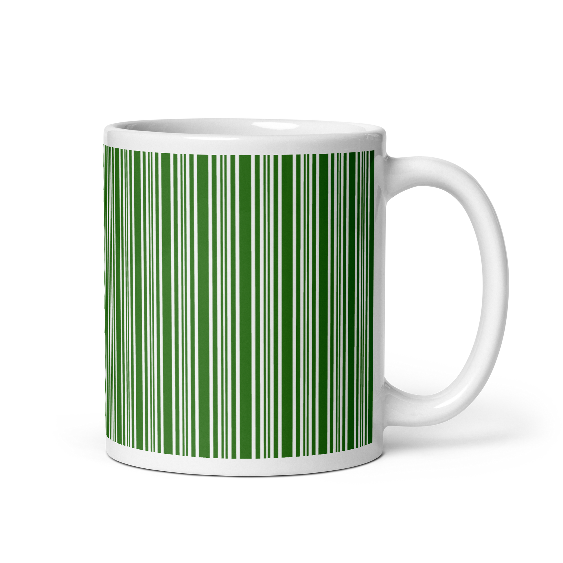 White mug with a green barcode design on a white background