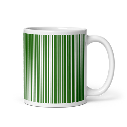 White mug with a green barcode design on a white background
