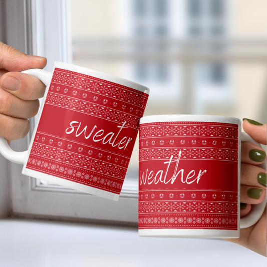 Sweater Weather White Mug - Red Knit