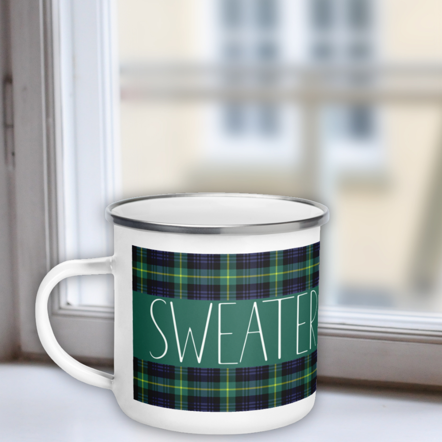 Sweater Weather Enamel Mug - Green Plaid