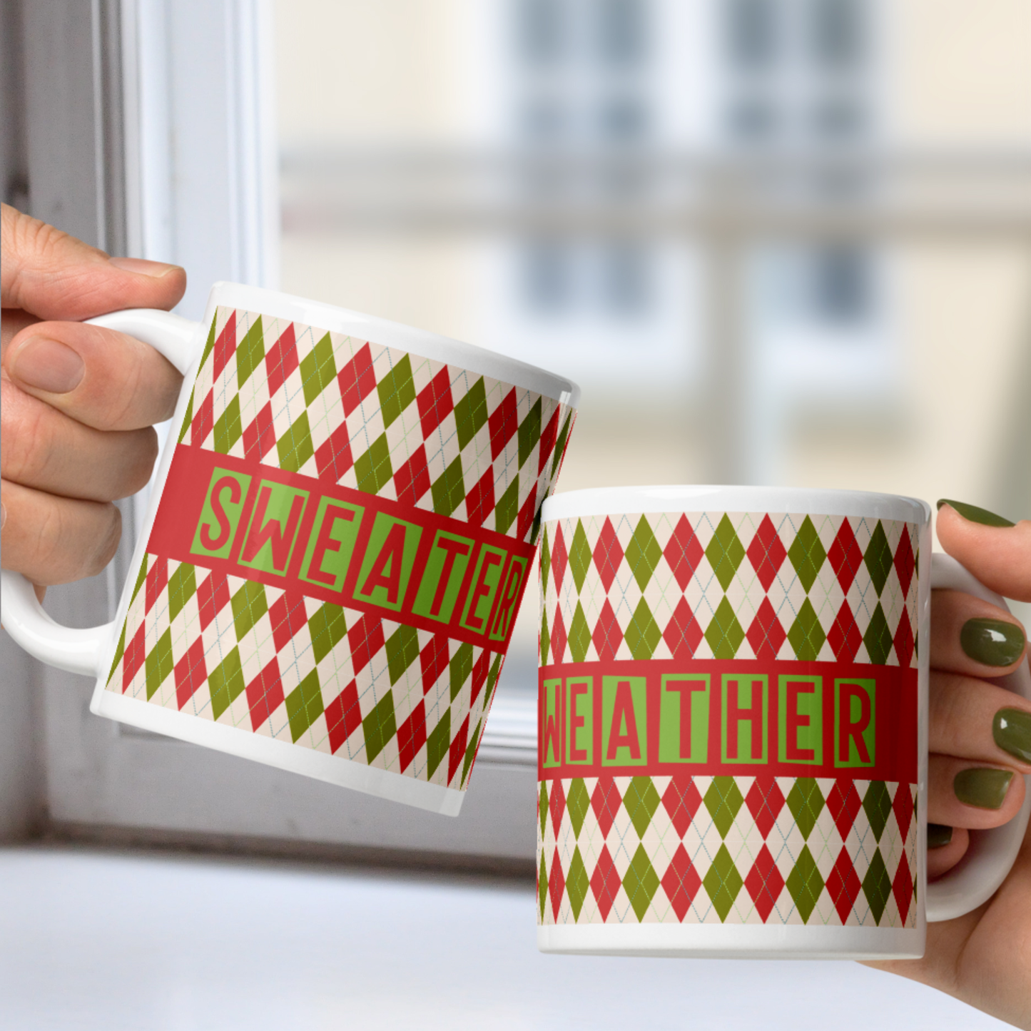 Sweater Weather White Mug - Red Green Argyle