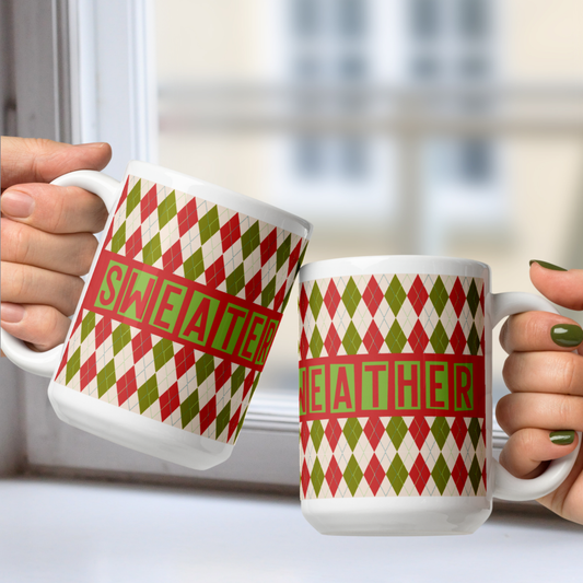Sweater Weather White Mug - Red Green Argyle
