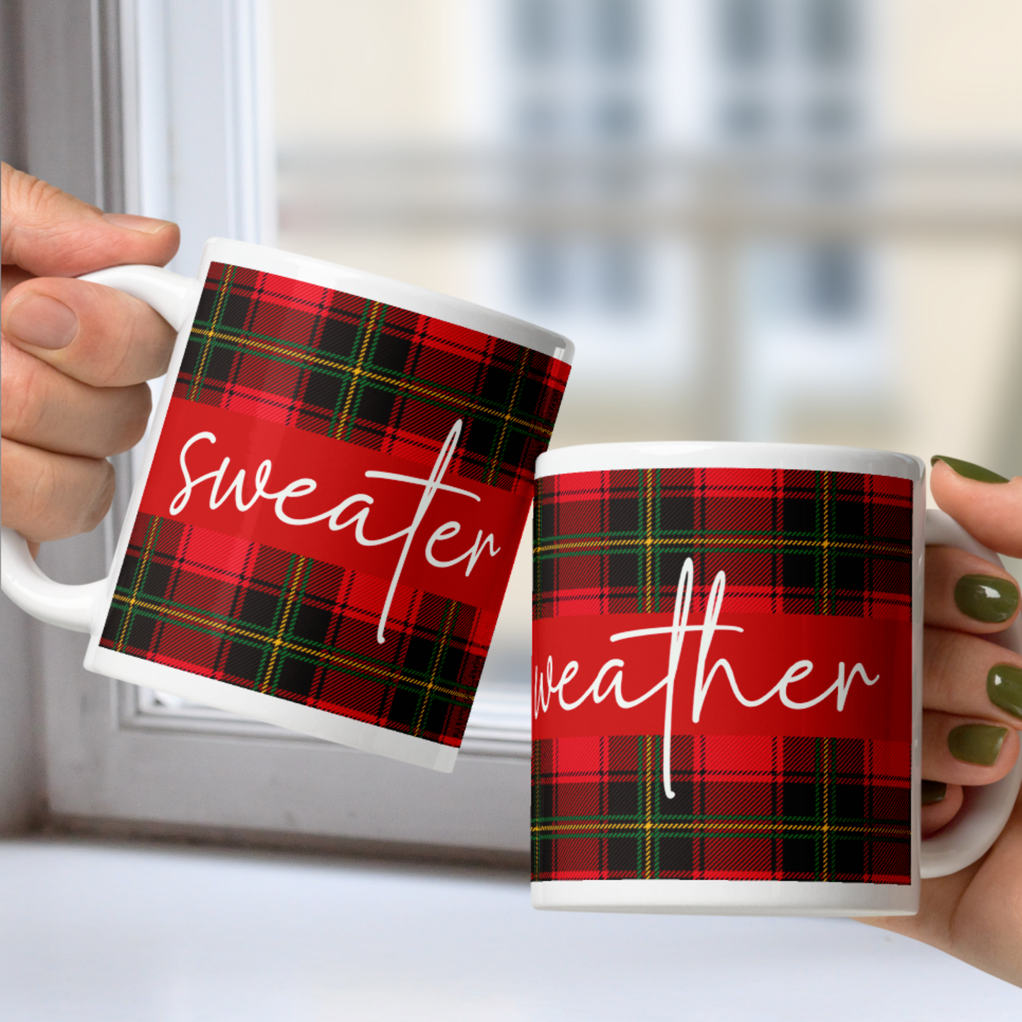 Sweater Weather White Mug - Red Plaid