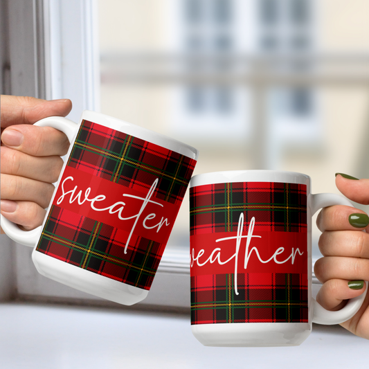 Sweater Weather White Mug - Red Plaid