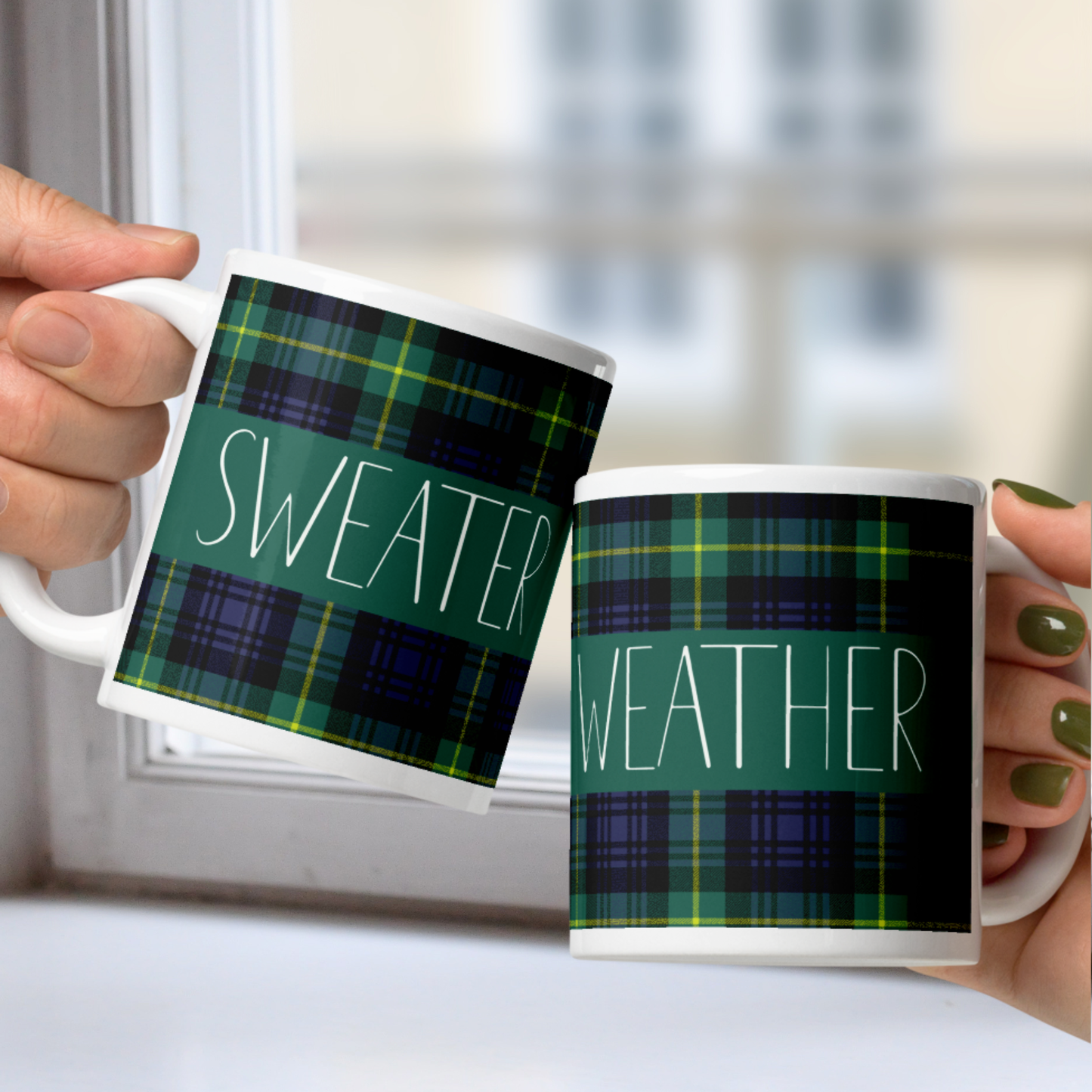 Sweater Weather White Mug - Green Plaid