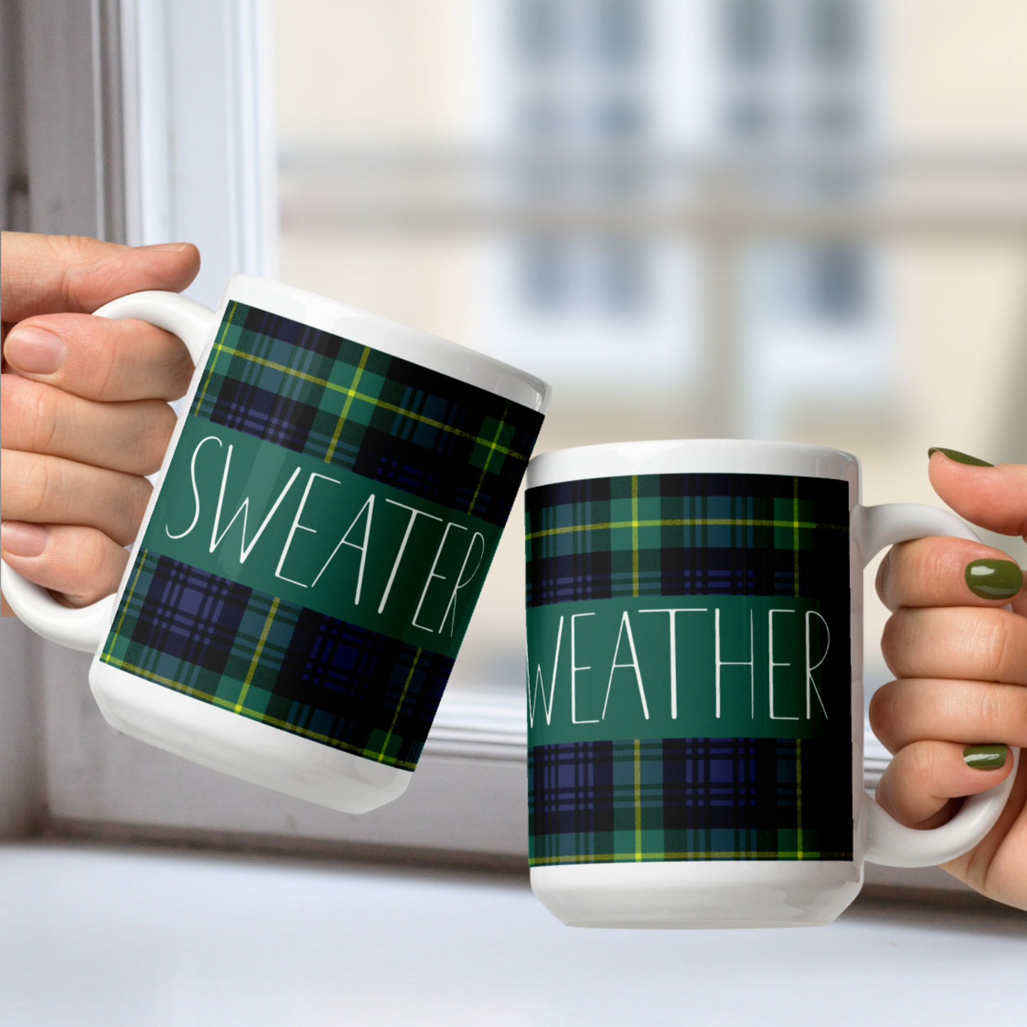 Sweater Weather White Mug - Green Plaid