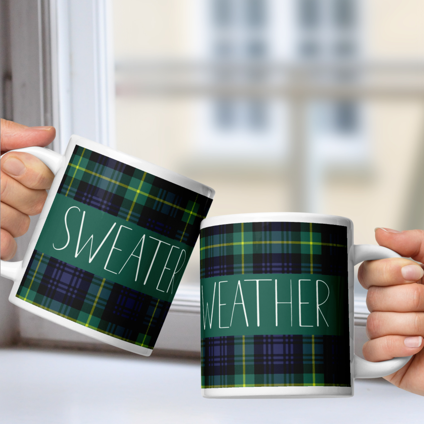 Sweater Weather White Mug - Green Plaid