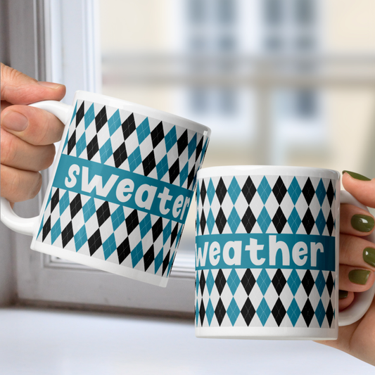 Sweater Weather White Mug - Blue Argyle
