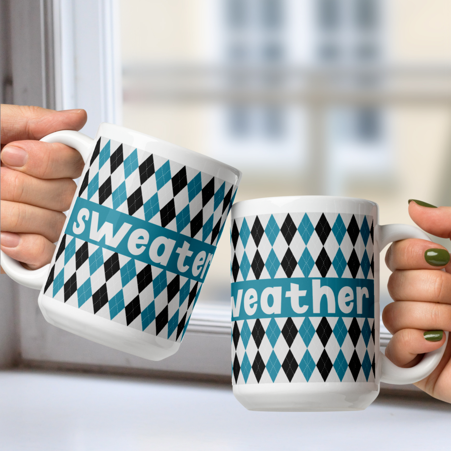 Sweater Weather White Mug - Blue Argyle