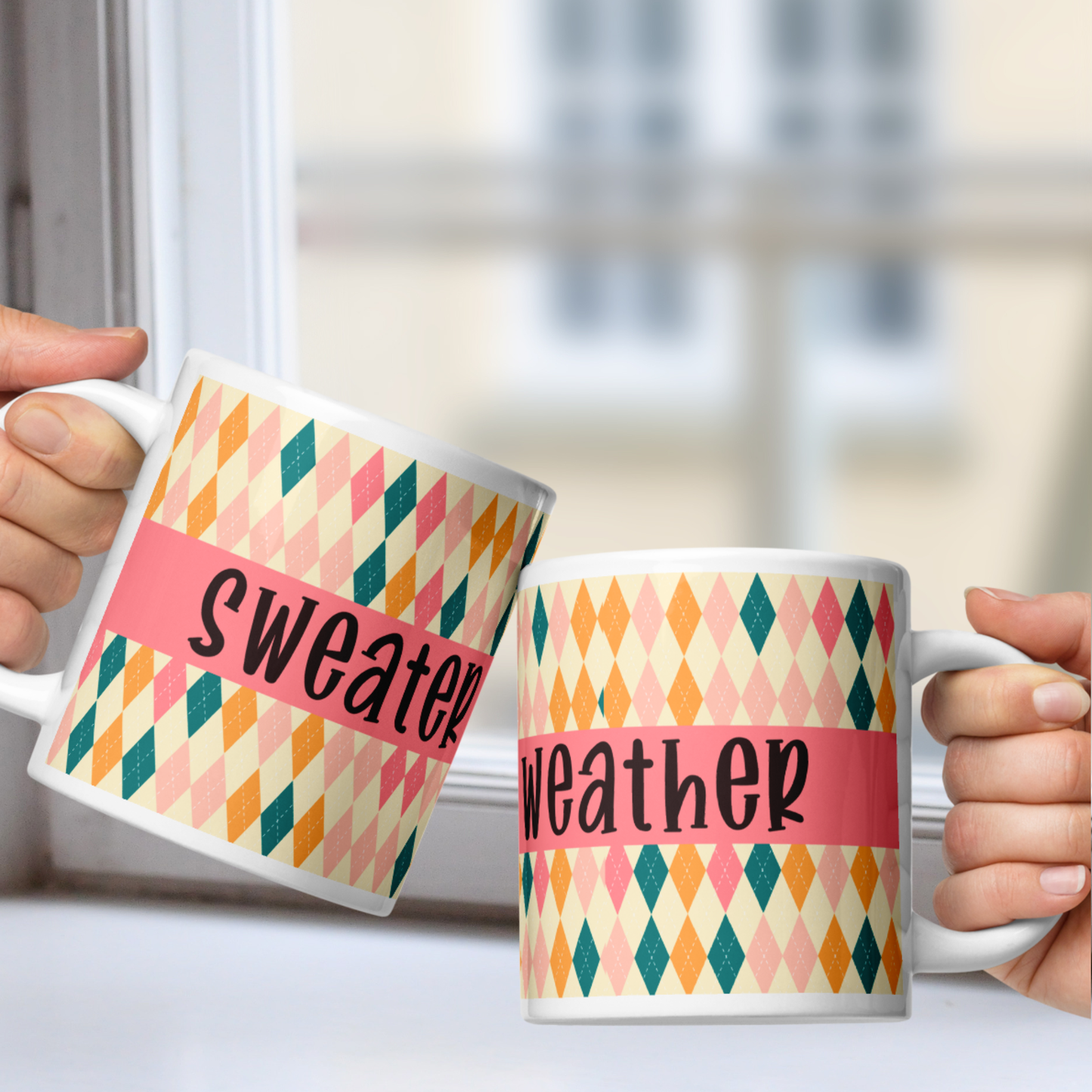 Sweater Weather White Mug - Pink Yellow Argyle