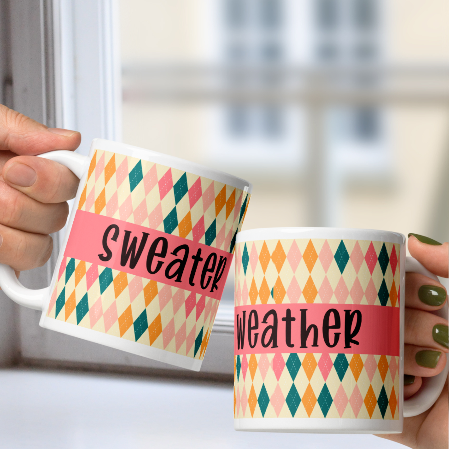 Sweater Weather White Mug - Pink Yellow Argyle