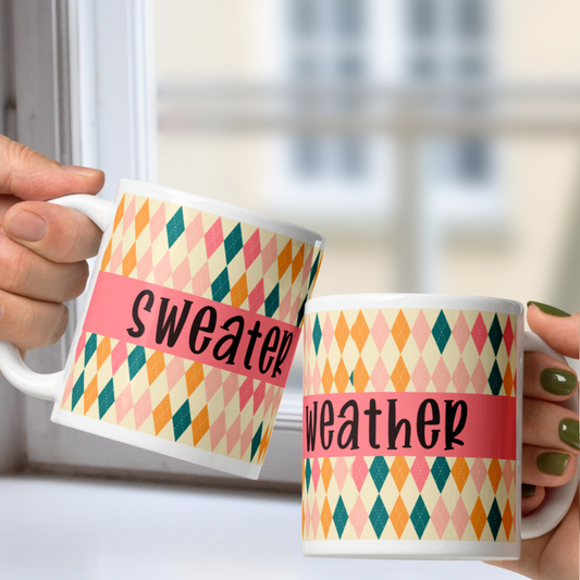 Sweater Weather White Mug - Pink Yellow Argyle