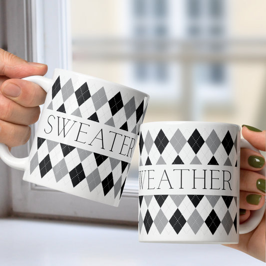 Sweater Weather White Mug - Grey Argyle