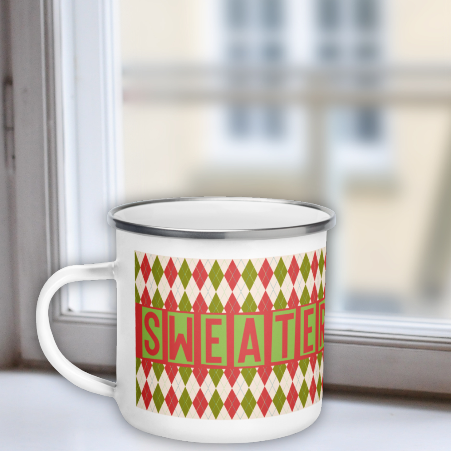 Sweater Weather Enamel Mug - Red Green Argyle