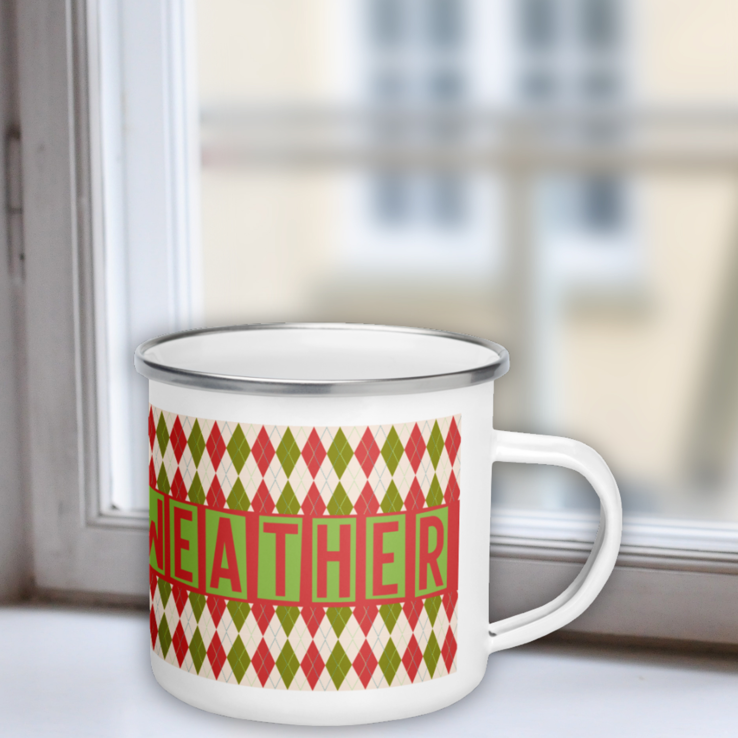 Sweater Weather Enamel Mug - Red Green Argyle