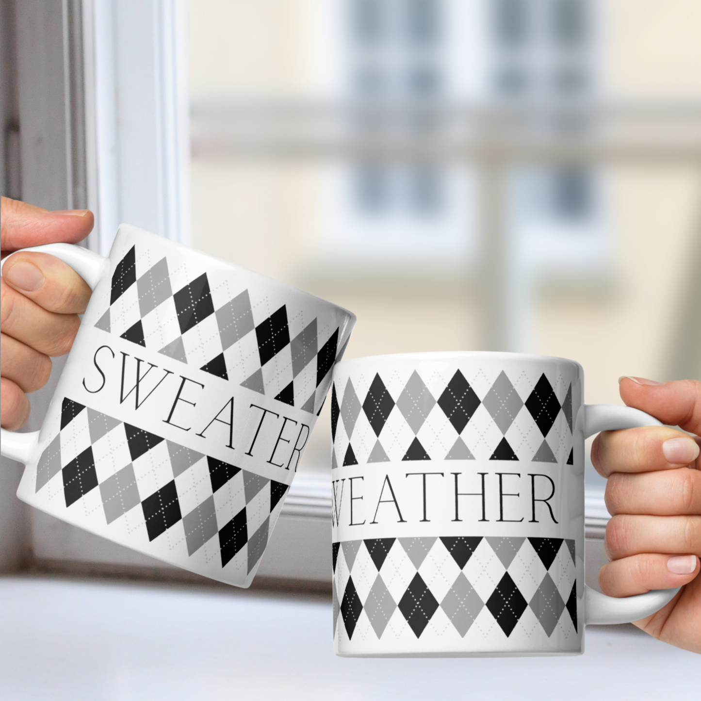 Sweater Weather White Mug - Grey Argyle
