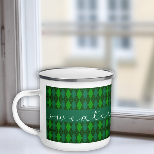 Sweater Weather Enamel Mug - Green Argyle