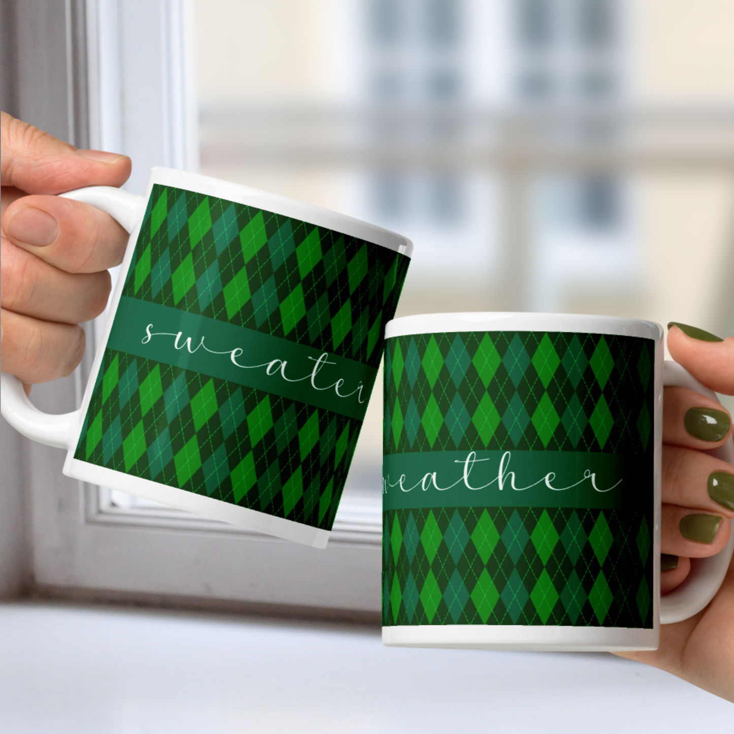 Sweater Weather White Mug - Green Argyle