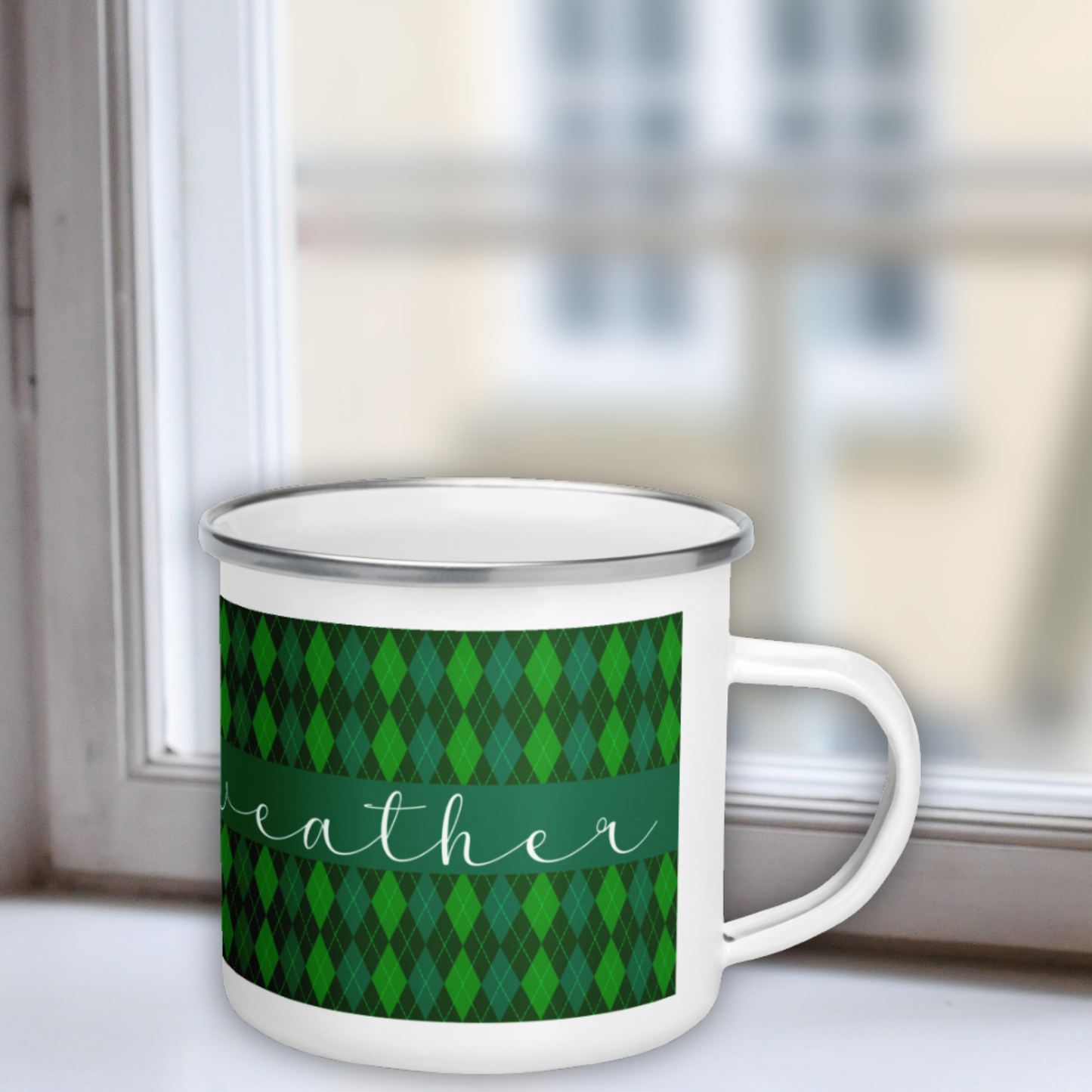 Sweater Weather Enamel Mug - Green Argyle