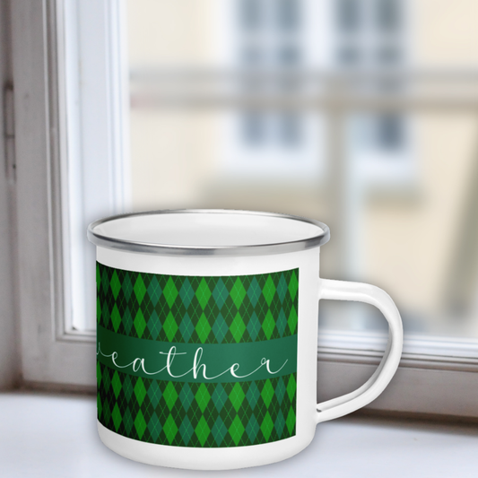 Sweater Weather Enamel Mug - Green Argyle