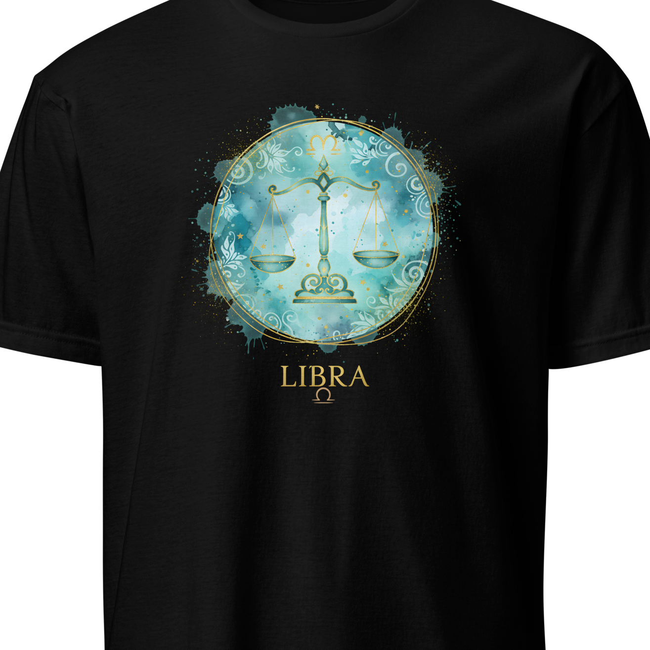 Black t-shirt with Libra zodiac sign design on a white background