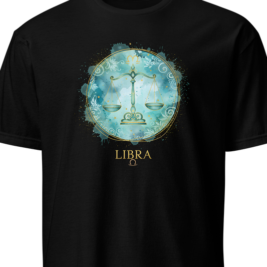 Black t-shirt with Libra zodiac sign design on a white background