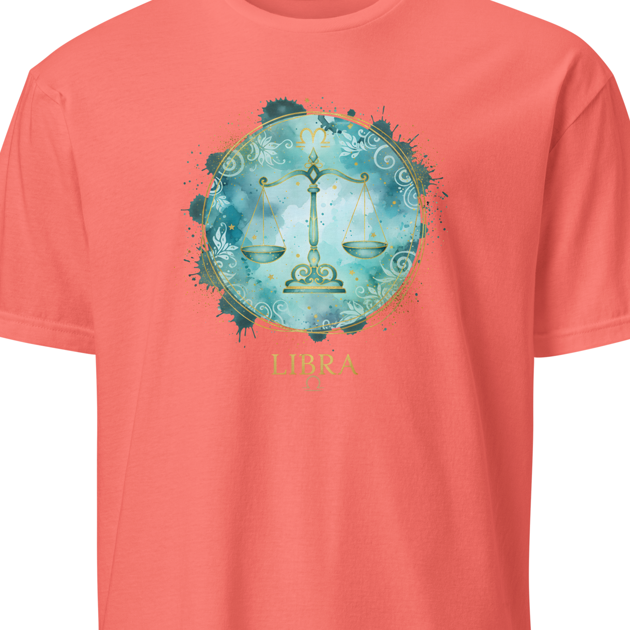 Coral t-shirt with Libra zodiac sign design on a white background