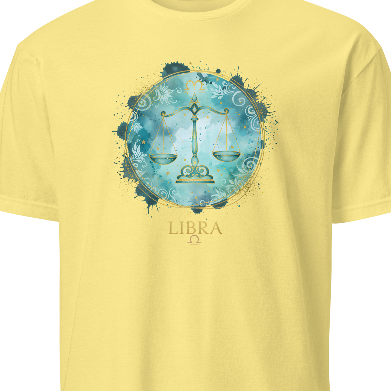 Yellow t-shirt with Libra zodiac design on a white background