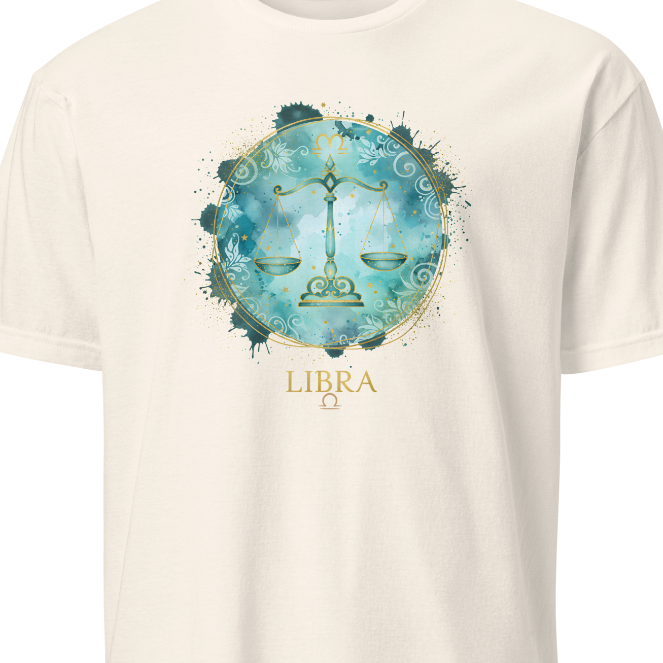 White t-shirt with Libra zodiac sign design on a white background