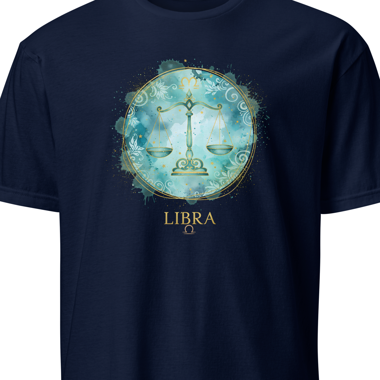 Navy blue t-shirt with Libra zodiac sign design on a white background